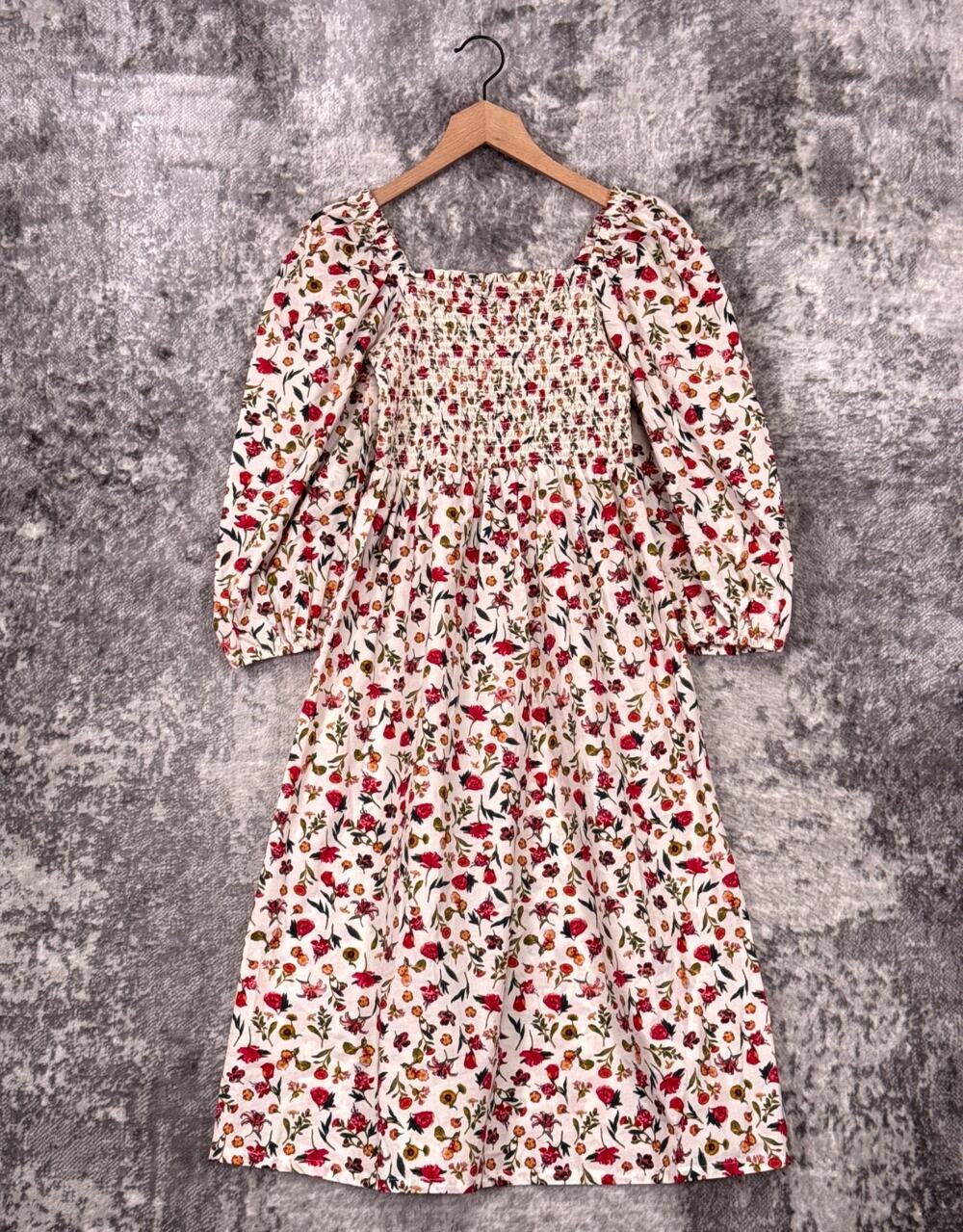 J Crew Dress XS Womens Smocked Puff Sleeve Vintage Floral Midi